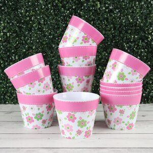 Pink & Green Button Flowers Flower Pots Set of 12